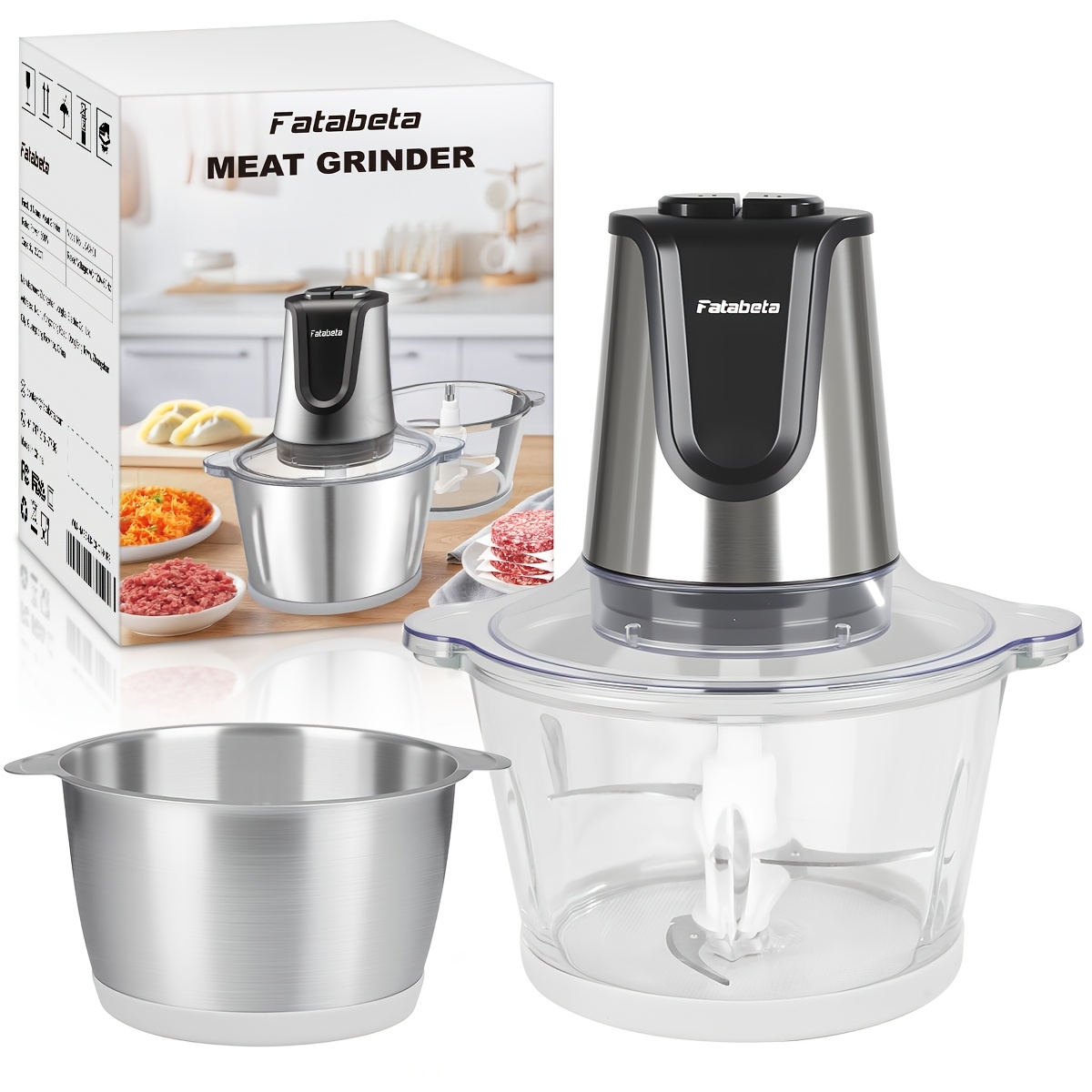 Image of Electric Meat Grinder 2+2l Food Crusher Multifunctional Vegetable Slicer Processor Chopper, 2-speed, 304 Stainless Steel Bowl And Thickened Glass Bowl, 2 Interchangeable 4-blade Cutters