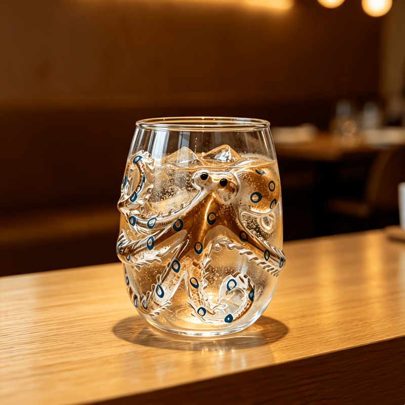 TEMU 1pc Painted 3d Octopus Pattern Glass Cup, High , Glass Texture Translucent, Resistant To Cold And , Not Easy To ; Cup Body Round And Thick,