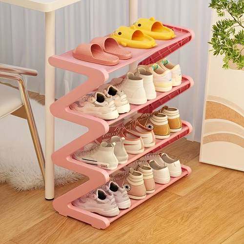 4 tier pink z shaped shoe rack modern metal plastic no tool assembly stackable floor mounted shoe organizer with 4 compartments 10kg capacity durable for living room bedroom entryway dorm storage shoe storage organizer entryway storage contemporary design sturdy construction