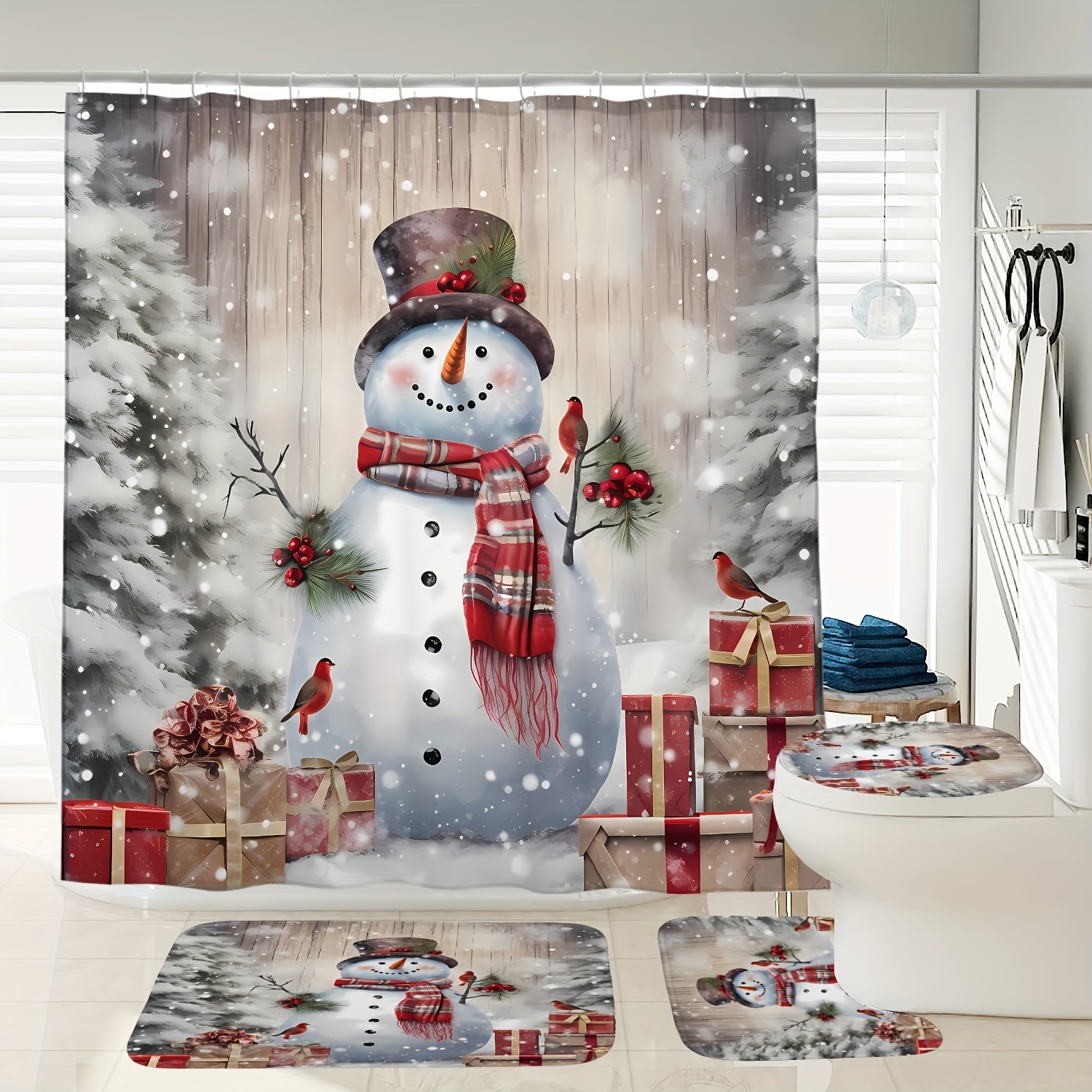 

1/3/4pcs Christmas Decoration Snowman Pattern Printed Shower Curtain Bath Mat Set, Bathroom Decoration Shower Curtain Carpet And Lid 12 Plastic , 72 X 72