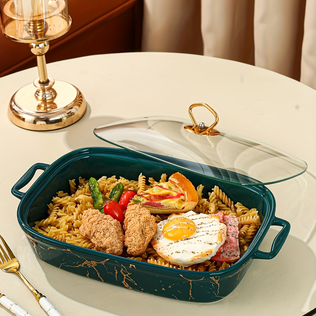 Nordic Golden Pattern Rectangular Ceramic Soup Pot with Lid And Double Ears Dry Pot Large Medium Small Green