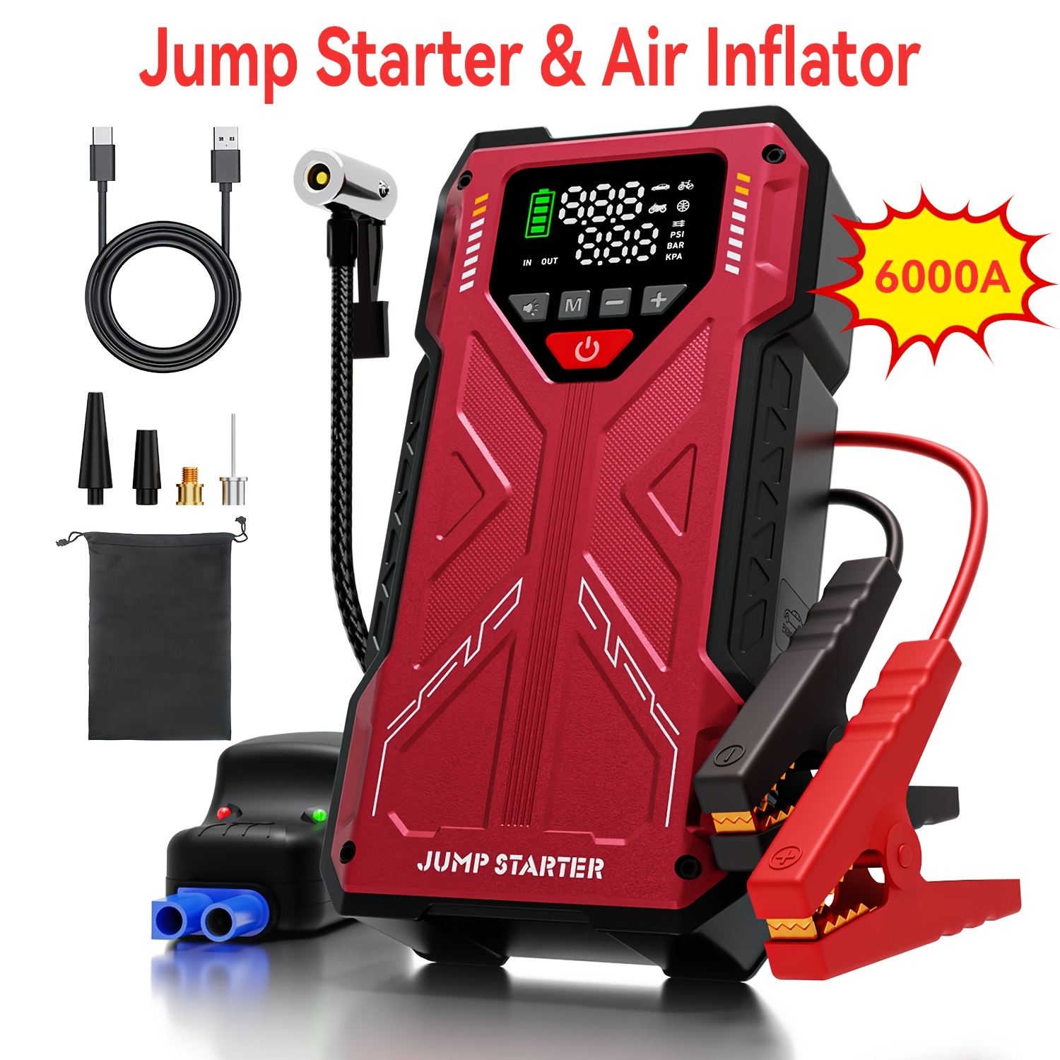 TEMU Jump Starter With Air Compressor, 7-in-1portable Car Jump Starter, 5000a/600a/8000a/10000a , Jump Starter For Car 150psi Digital Tire Inflator,
