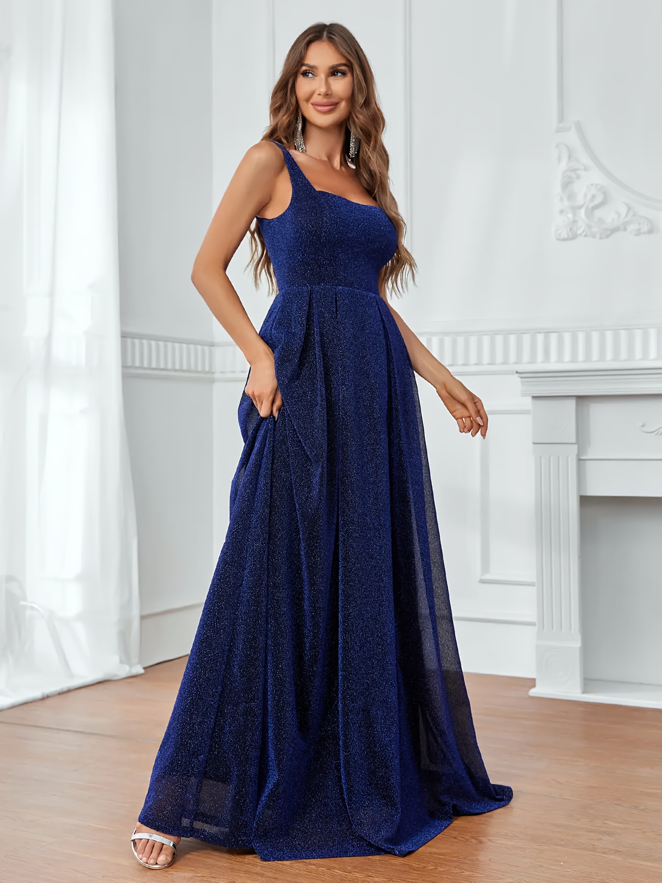 womens elegant navy blue a line spaghetti strap evening gown
