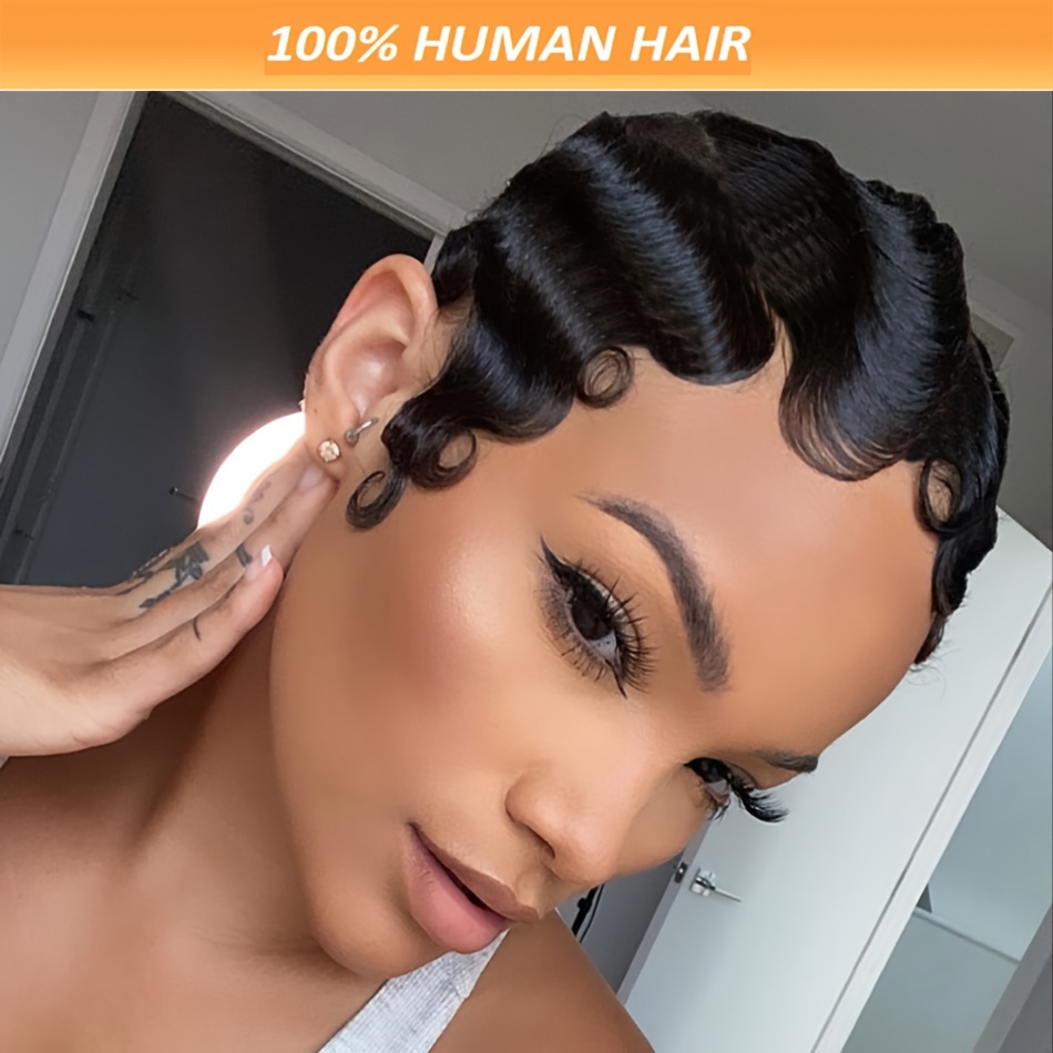 

Elegant 4-inch Retro Finger Wave Wig For Women - Short Curly Human Hair, Black, 150% Density, Perfect For Cosplay & Music Festivals