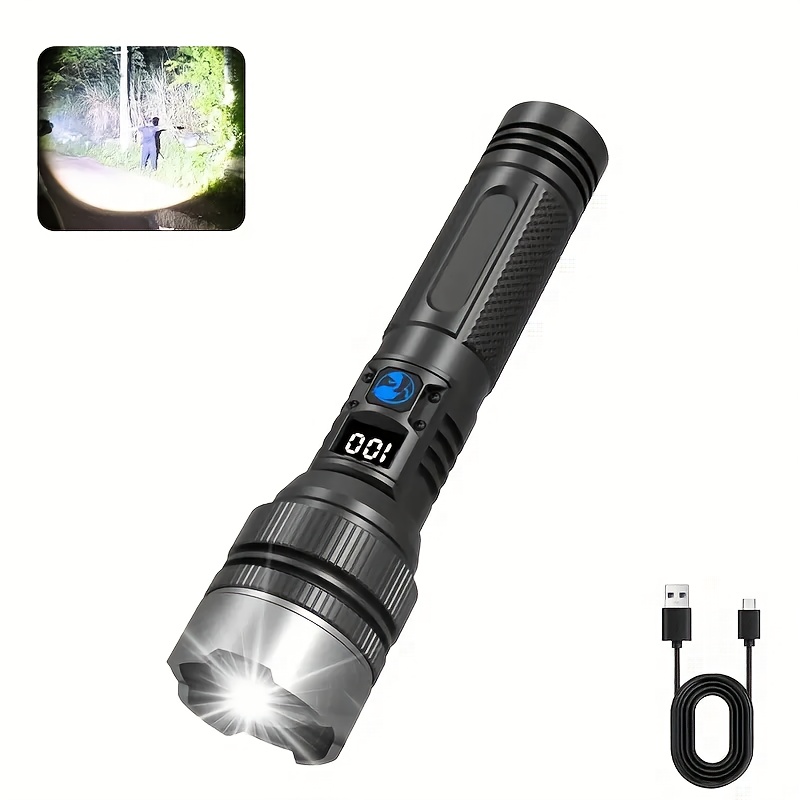 E-shop Superhelle LED Taschenlampe, tragbare taktische Zoom-Taschenlampe, eingebaute 18650 Lithium Batterie, USB Typ-C wiederaufladbar, hochintensive
