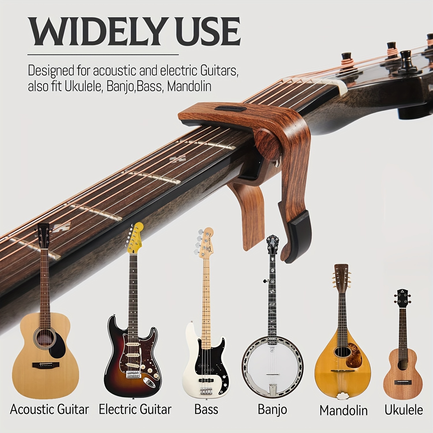 Rosewood Guitar Capo with Pick Holder - Perfect for Acoustic & Electric Guitars, Ukuleles, Basses, Banjos | Includes Picks, Guitar Picks