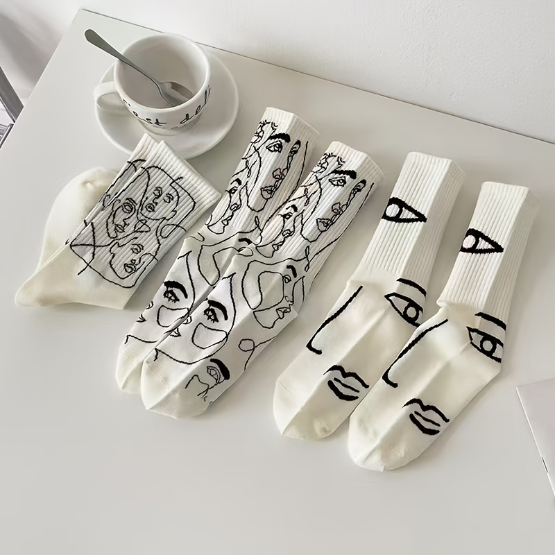 TEMU 3-pair (for &) Boneless Seam Abstract Line Art Socks - Mid-calf Couple's Matching Streetwear Socks Suitable For Sports, Casual Wear, Machine