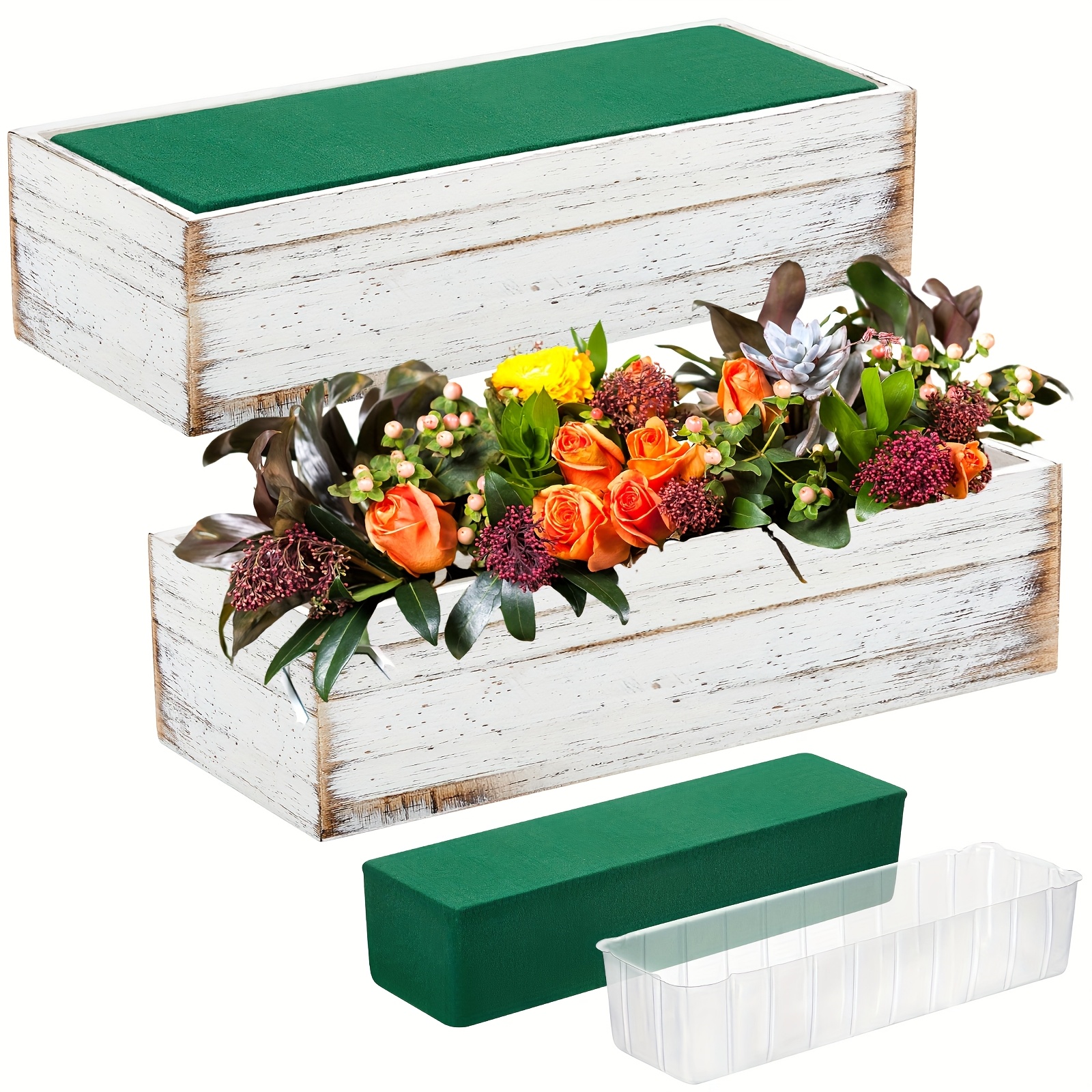 2 Set Rectangle Wooden Planter 12x4 Inch Wood Boxes For Centerpieces Rustic Wooden Planters With Removable Plastic Liner Floral Foam Blocks For Wedding Table Bookshelf
