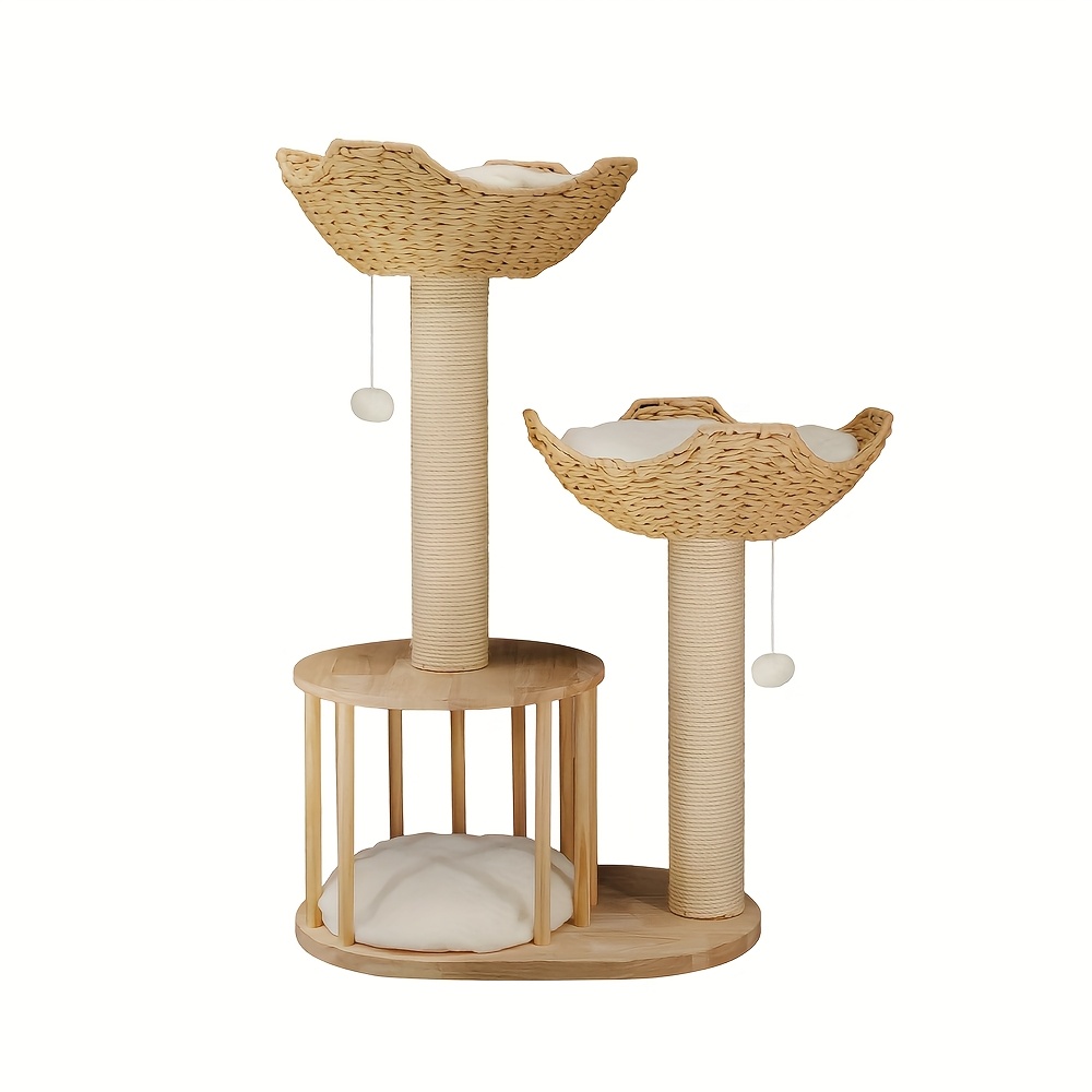 TEMU 3-tiered Wooden Cat Tree With Plush Condo, Scratching Posts & Cozy Basket â Stable Anti-tip Design, Perfect For Cats And Kittens, Easy Assembly