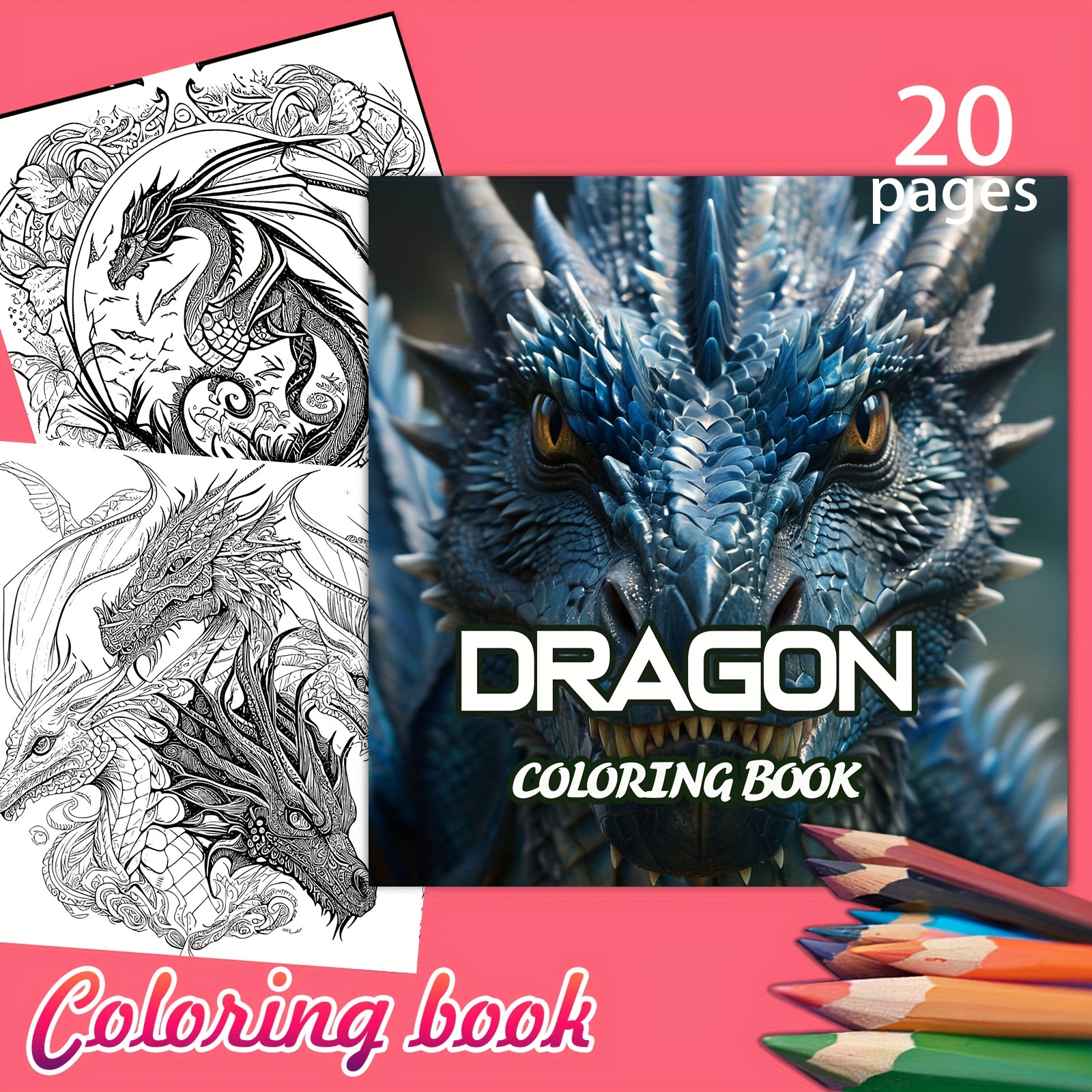 

20 Pages Dragon Coloring Book - Paper Adult Coloring Book With Vibrant Pages, Ideal For New Year, Holiday Parties, Gift For Couples, Friends, Colleagues,