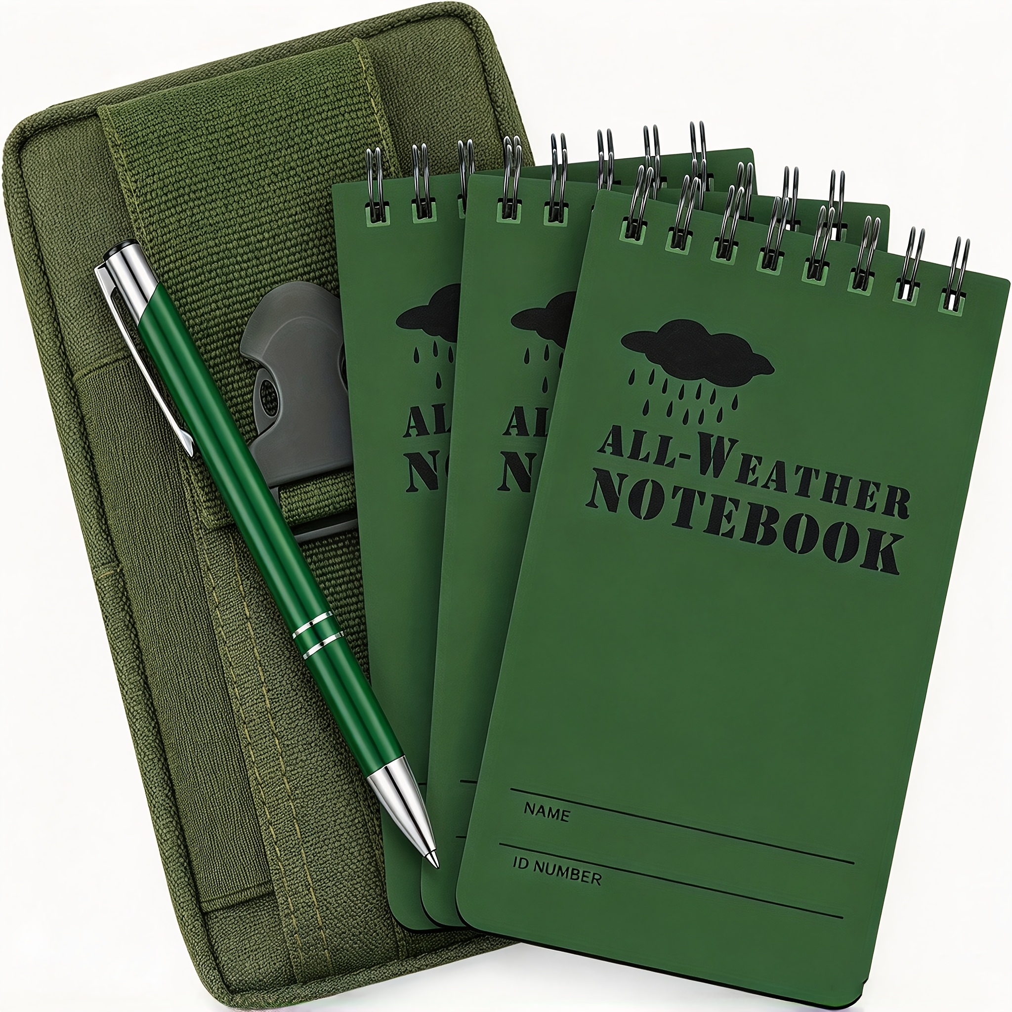 Image of 5pcs Notebook And Pen Set: 3 X 5-inch Pocket Tactical Notebooks With 1 Metal Weatherproof Pen And 1 Fabric Case For Recording