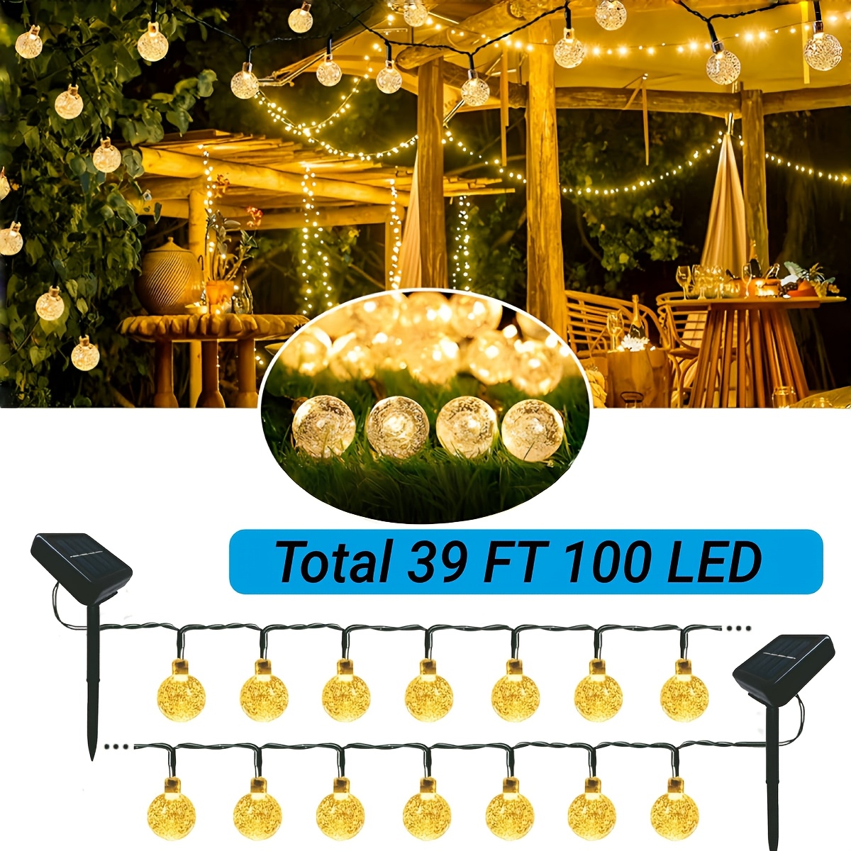 

1pc, 39ft Led Solar String Lights Outdoor, 39ft Led String Lights With 8 , Waterproof Solar Powered Patio Lights For Garden, Lawn, Gazebo, Porch, Yard, Wedding, Party Decor - Warm White