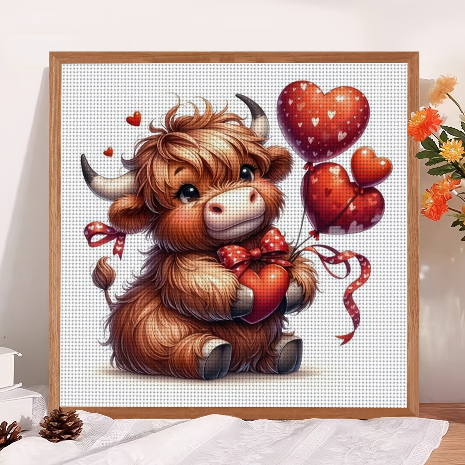 DIY Cross Stitch Print Kit, Frameless, Cute Cow Hugging Heart Balloon