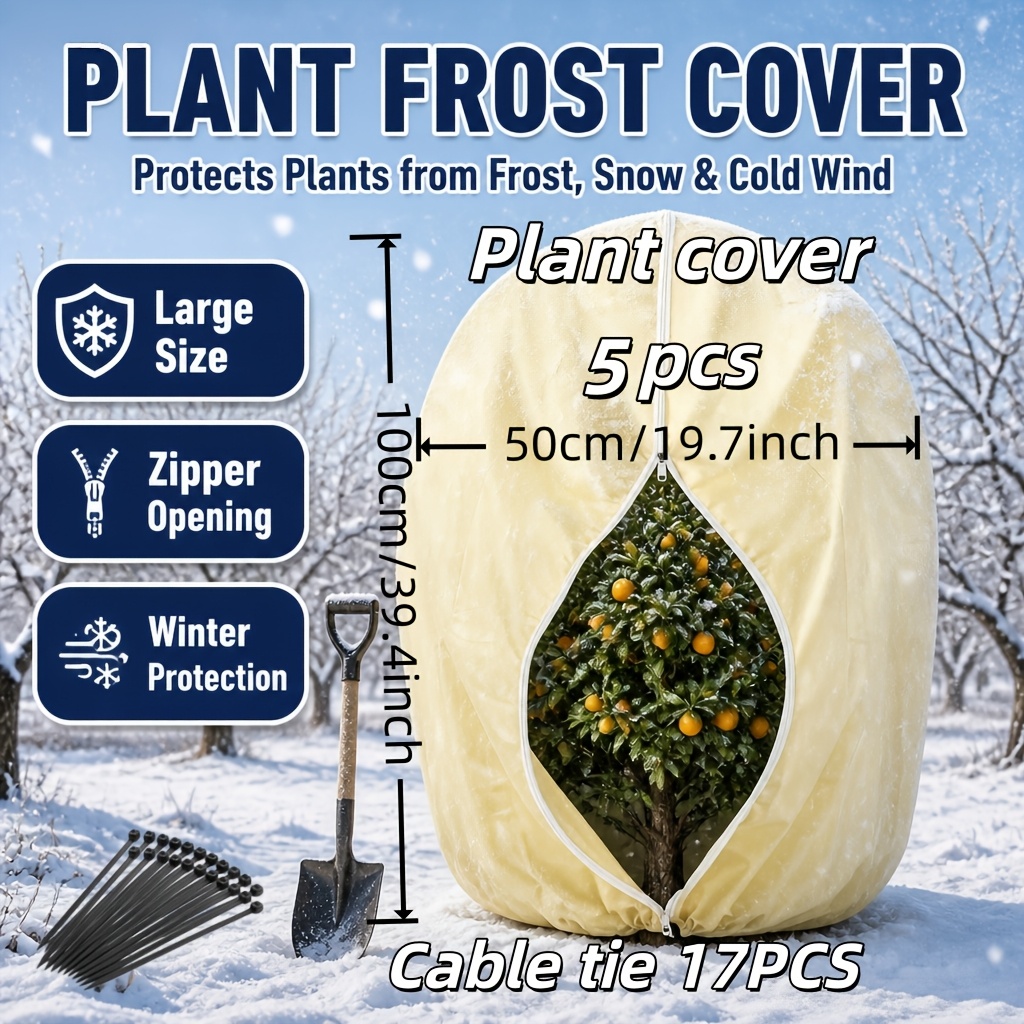 TEMU Lot de 5 housses de épaissies et robustes pour plantes, couverture d'isolation contre extérieur avec cordon de serrage et fermeture éclair,
