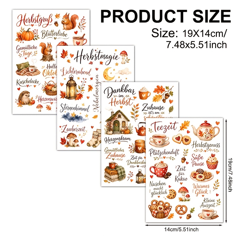 TEMU 4er-Set, Gemütlicher Herbst Tee Snack mit deutschem Muster, UV DTF wasserfestes, kratzfestes Vinylmaterial, geeignet für Bastelarbeiten, Tassen,