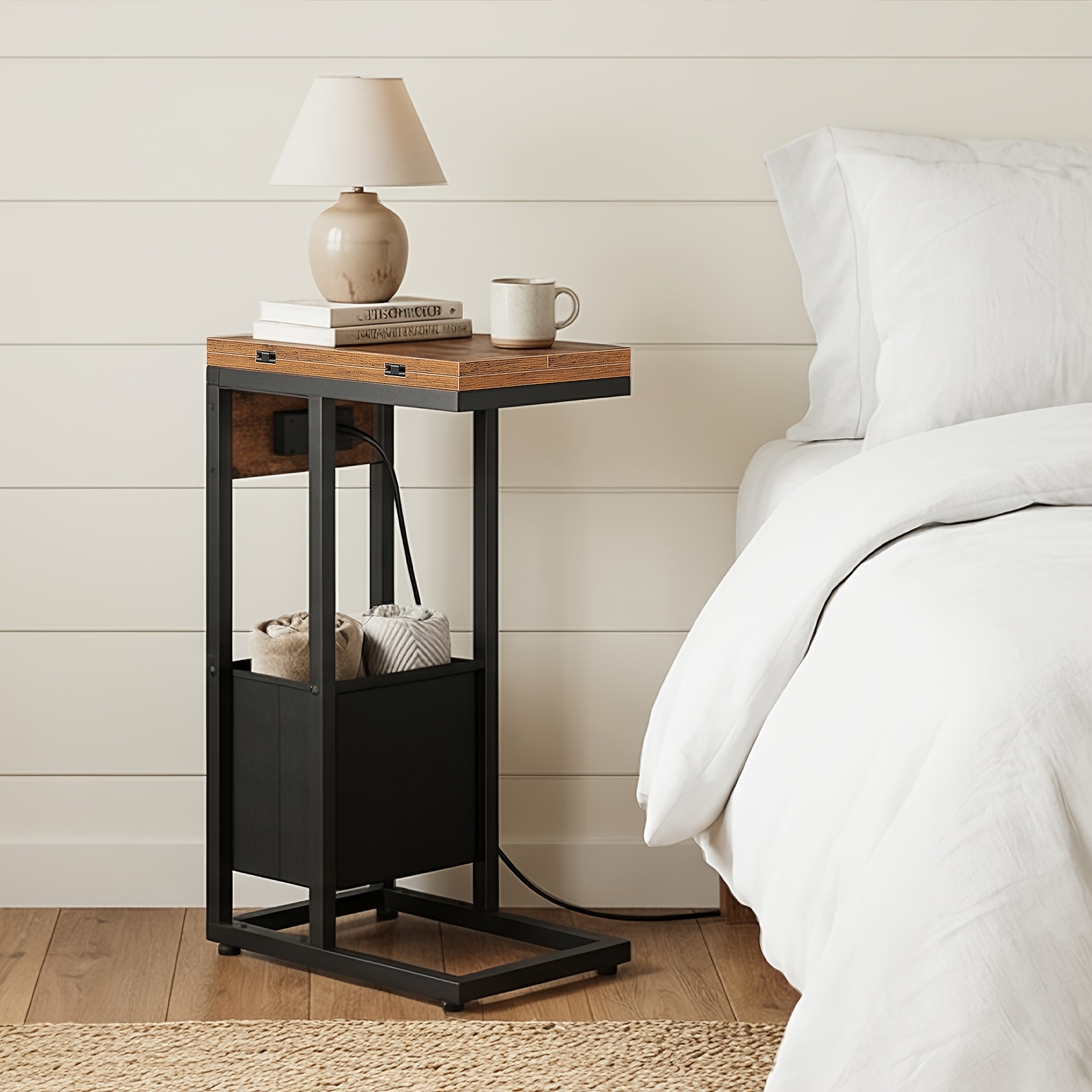 Rustic Brown Foldable C-Shaped Side Table with Charging Station