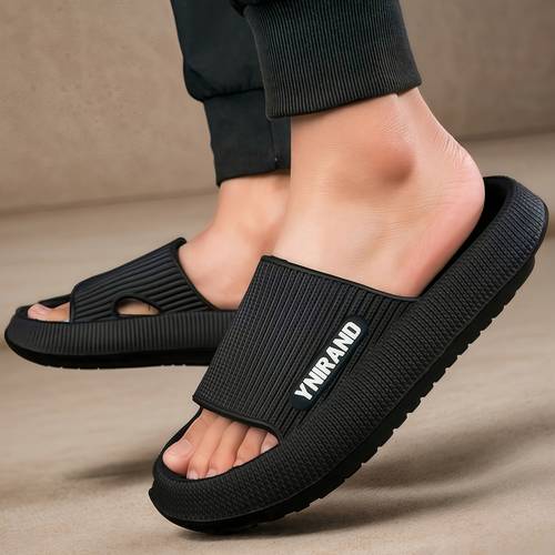 new mens slippers with english letter patches and side stripes thick sole comfortable and toe for lightweight and quiet for walking eva material for indoor outdoor wear
