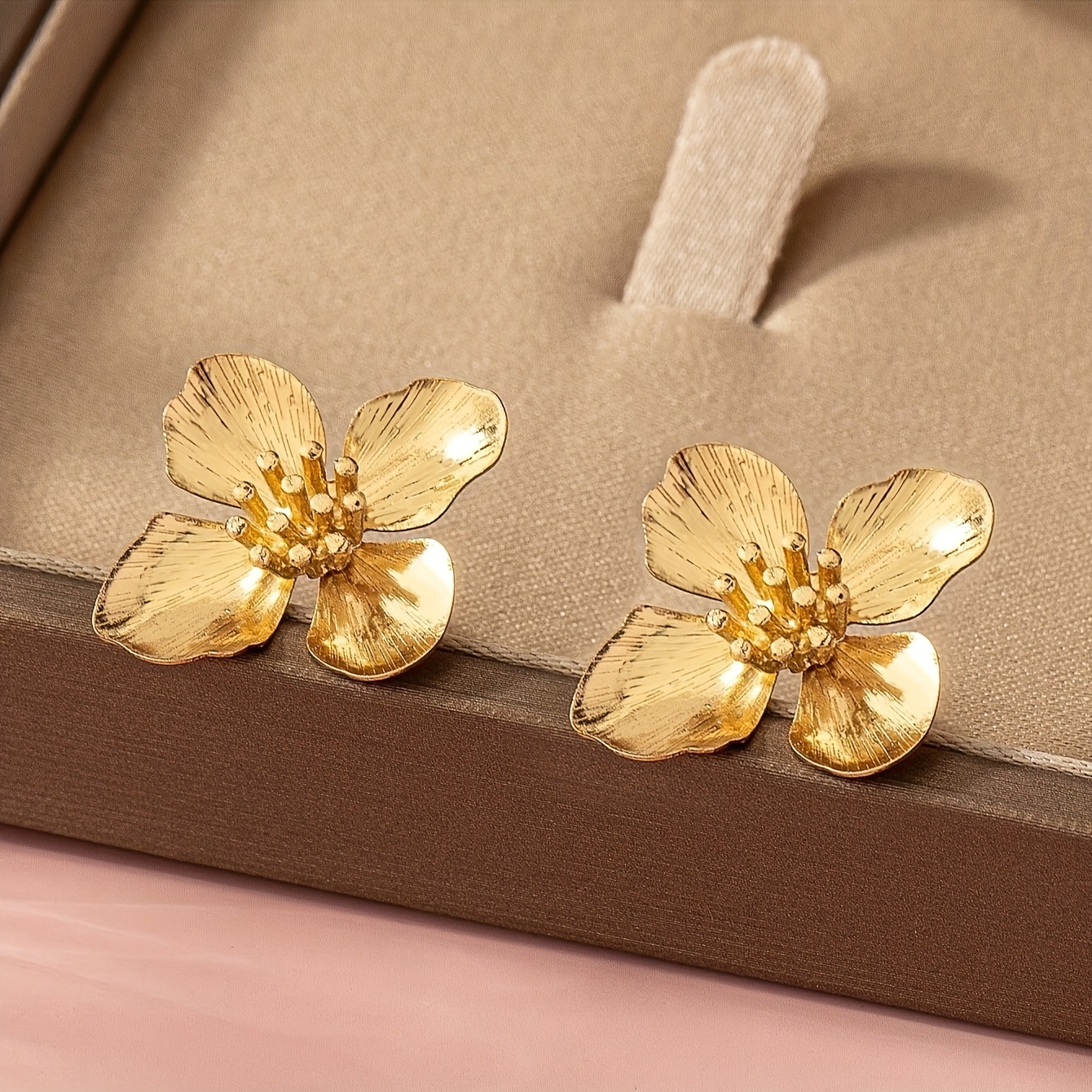 French Women's Flower Stud Earrings, Golden Plated