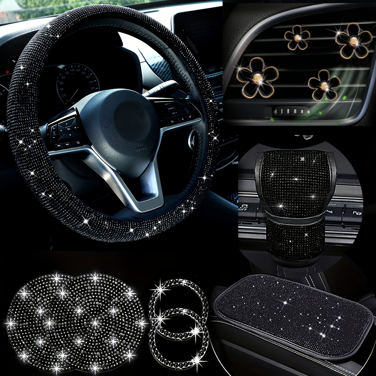 TEMU A Set Of 11 Car Interior Additions From The Diamond Series, Including A 38cm Steering Wheel Cover, Coasters, Armrest Pads, And Other Interior