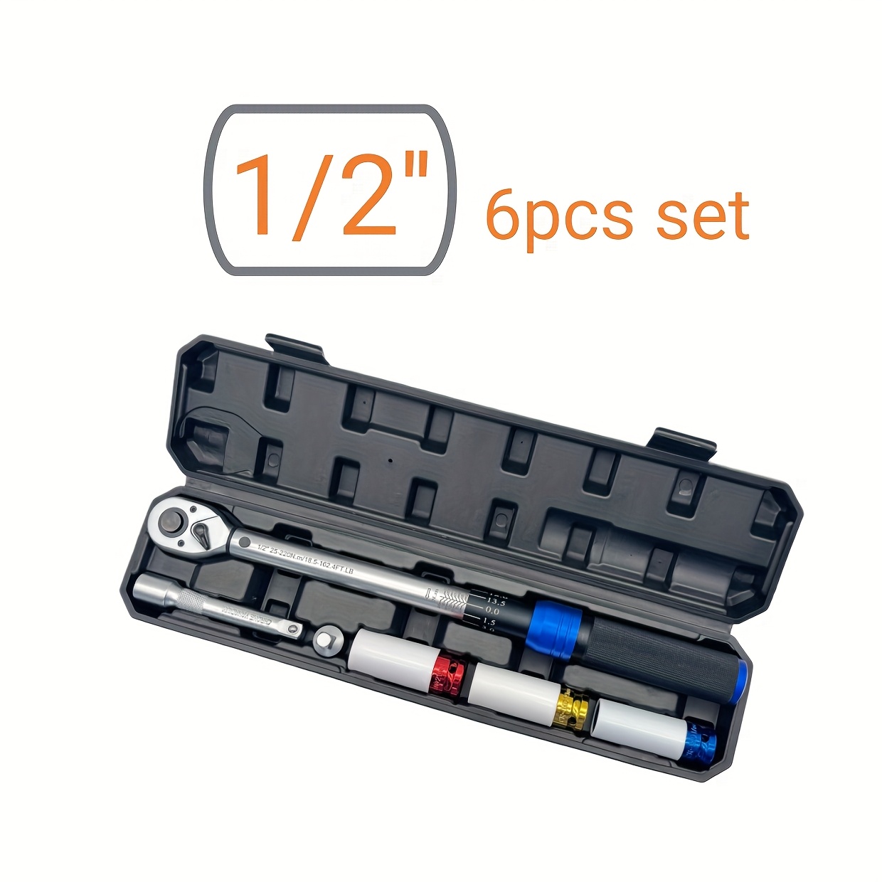 6pcs Set - 1/2 Inch (25-220nm) Colored Long Socket Adjustable Automotive Tire Torque Wrench Tool Kit