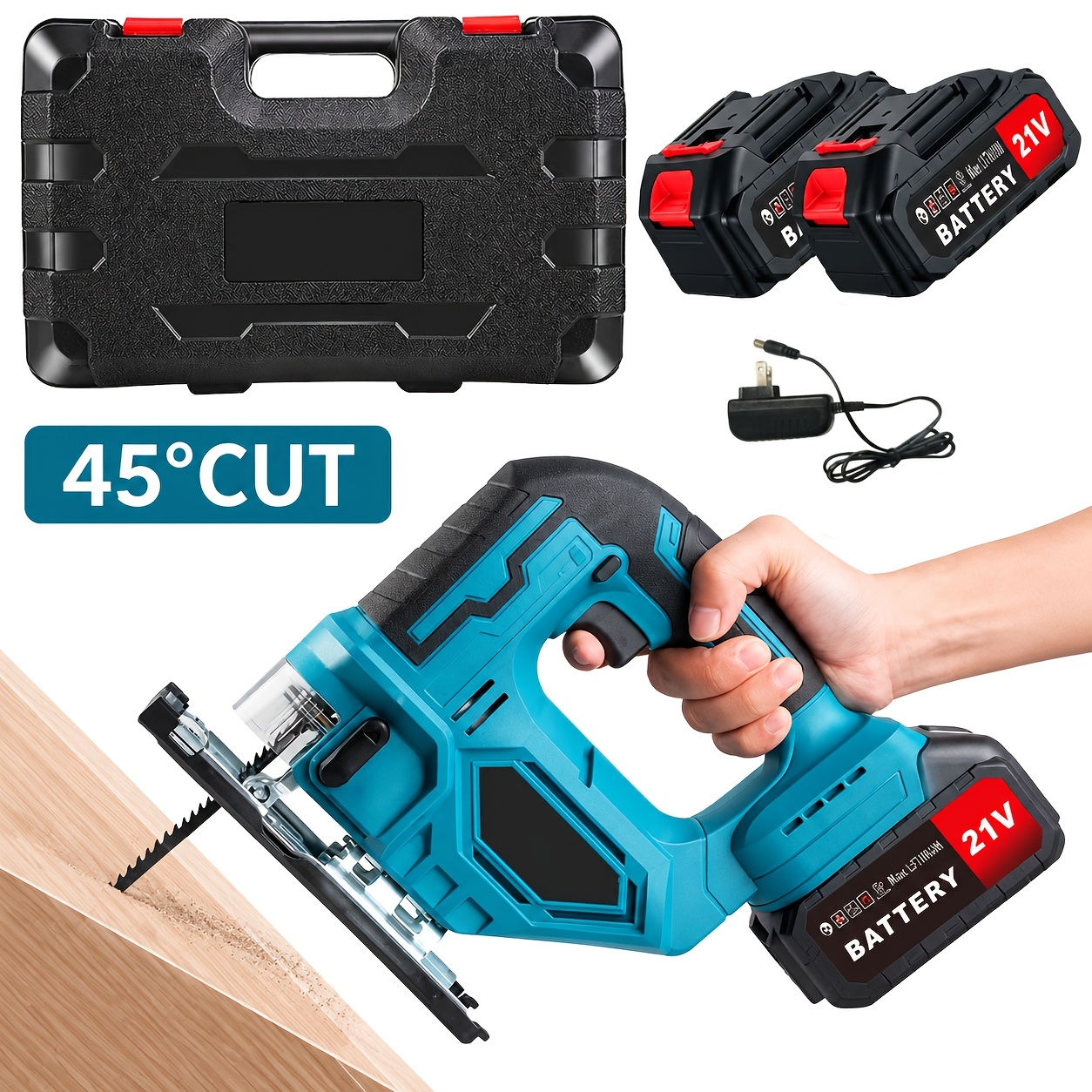 TEMU Kit de scie sauteuse fil 21V avec capacité de coupe en à 45°, inclut deux batteries lithium 21V et un chargeur, scie portable pour couper , le