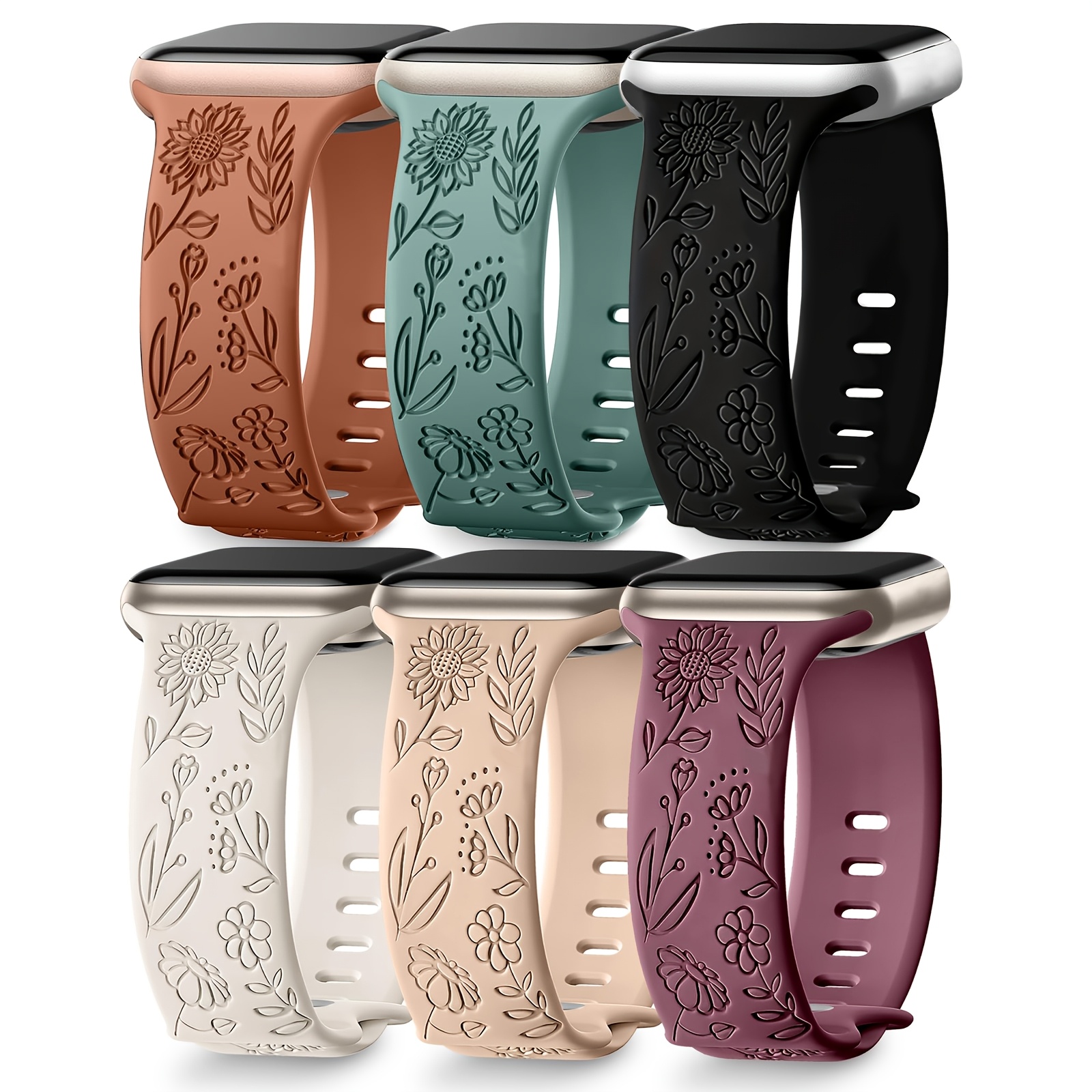 E-shop 6er-Pack Blumen-Gravur Armbänder Kompatibel mit Apple Watch Band 44mm 40mm 38mm 41mm 45mm 46mm 49mm 42mm Damen, Weiches Silikon Niedliches