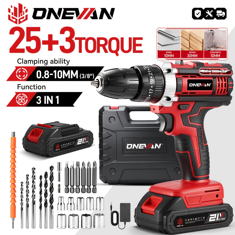 2026 10mm Electric Drill Set, Featuring A Red And Impact Drill And Screwdriver, Is Suitable For Home Improvement, Screw Tightening, And Projects. Compatible With Onevan Batteries