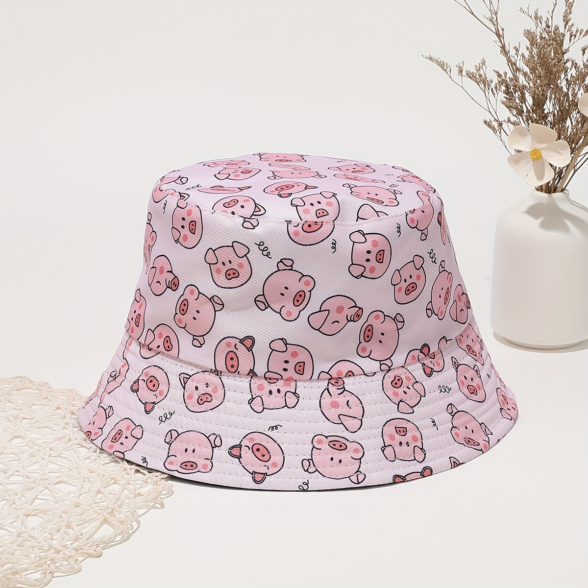 1pc Cute Pig Print Bucket Hat - Lightweight Summer Sun Hat For , Unisex Beach Hat With Random Pig Pattern, Wide Brim For, Casual Wear Accessory