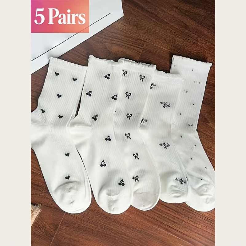 TEMU 5 Pairs Mixed Pack Women's Socks Summer Thin Mesh Breathable Easy Seasonal Gift Atmosphere Bow Wood Ear Trim Lace White Mid-calf Socks Trendy
