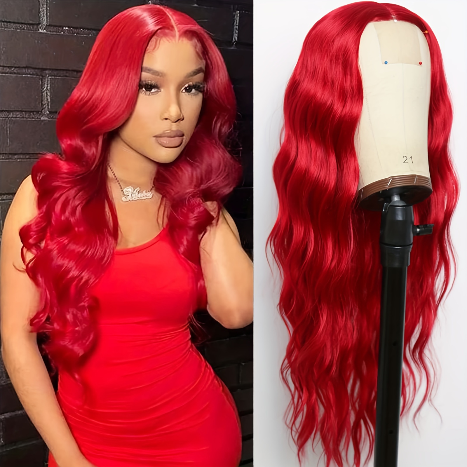 

4x1 Long Wigs For Women, Synthetic Dark Burgundy Long Curly Red Wig, Narutal Curly Red Wigs For Women 26 Inches