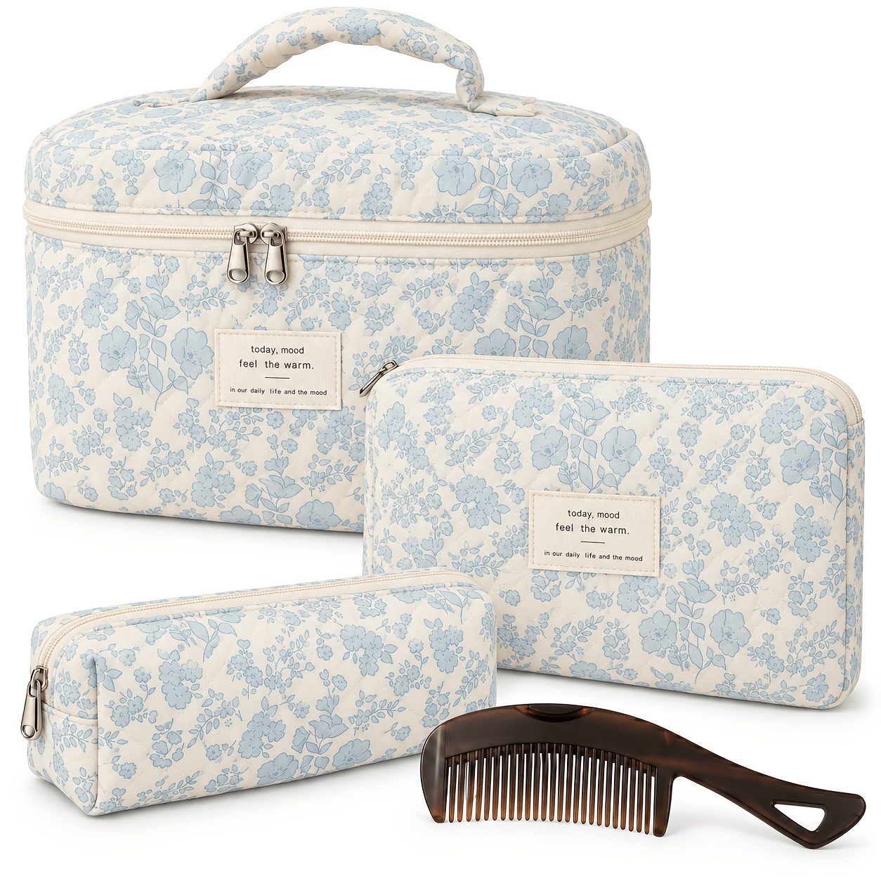 TEMU Large Capacity Floral Pattern Quilted Makeup Bag Set, 3 Travel Cosmetic Bags, Stay Glam , Portable Zipper Makeup Organizer Pouches For Skincare,