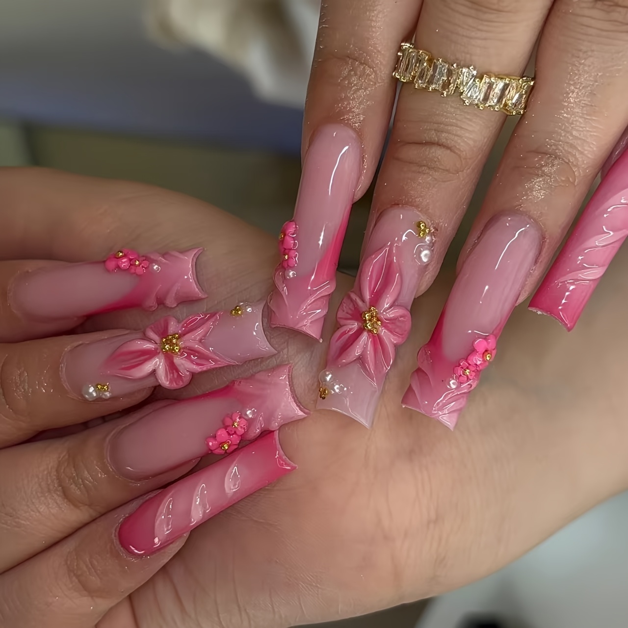 10pcs set of pure handmade full coverage reusable square   red floral ombre press on nails