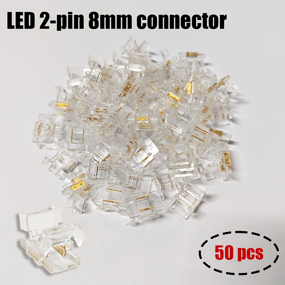 TEMU 50pcs Bulk 2pin 8mm Solid Color Led Strip Wire-free Connector Transparent 3528/5050 Soft Light Strip Direct Terminal Home Decoration Engineering