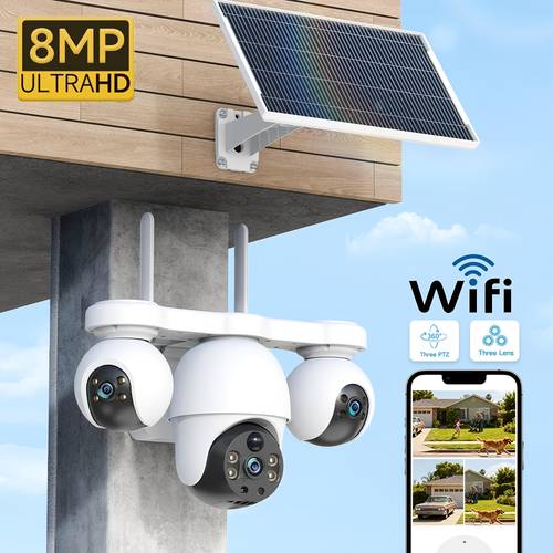 8mp wifi zewnętrzna kamera bezpieczeństwa na energię słoneczną | potrójny obiektyw, potrójny ekran, ptz z automatycznym śledzeniem, obrót 355° poziomo i 90° pionowo, śledzenie ruchu, wykrywanie ludzi pir, dwukierunkowy dźwięk, kolorowe widzenie nocne, powiadomienia alarmowe