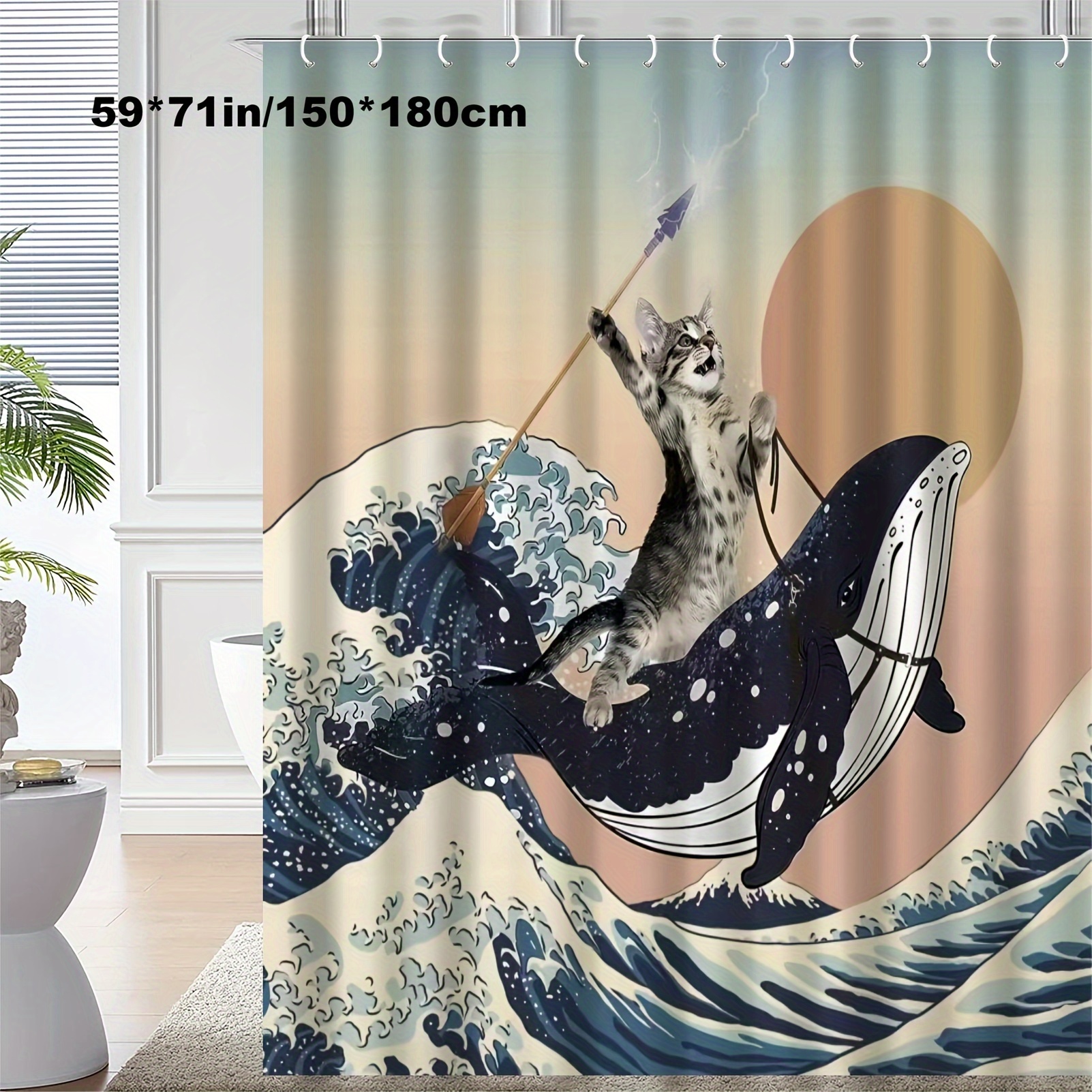 1pc Funny Cat Whale Printed Shower Curtain Waterproof Temu United Kingdom