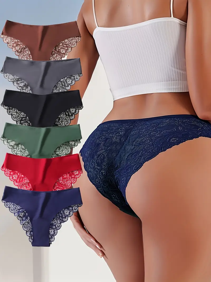 Set mit 6 Damen Spitzen Stretch Slips in Unifarben, atmungsaktiv und bequem, Dreieck Set mit 6 Damen Spitzen Stretch Slips in Unifarben, atmungsaktiv und bequem, Dreieck