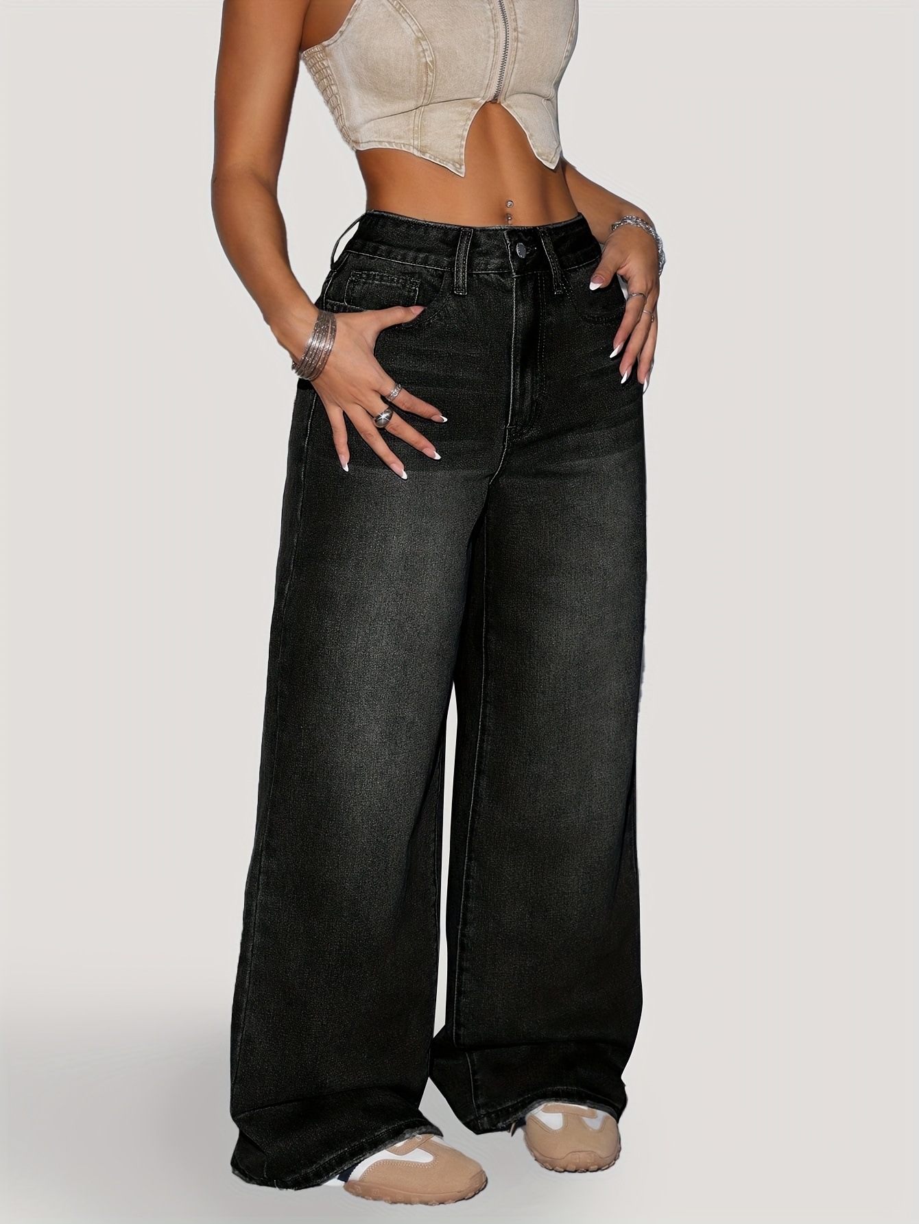 High-Waisted Wide-Leg Jeans for Women - Casual Denim Pants with Button Closure, 80% Blend, Water-Washed Texture, Loose Fit, Solid Color, All-Season Comfort