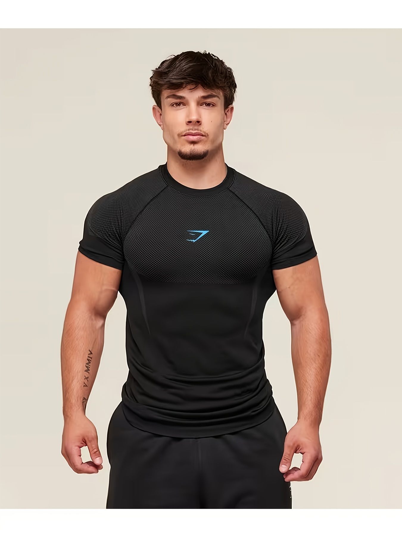 mens high elastic breathable muscle compression fitness shirt quick dry   top with geometric pattern logo print tight workout shirt suitable for running yoga and fitness hand washable opaque round neck short sleeve
