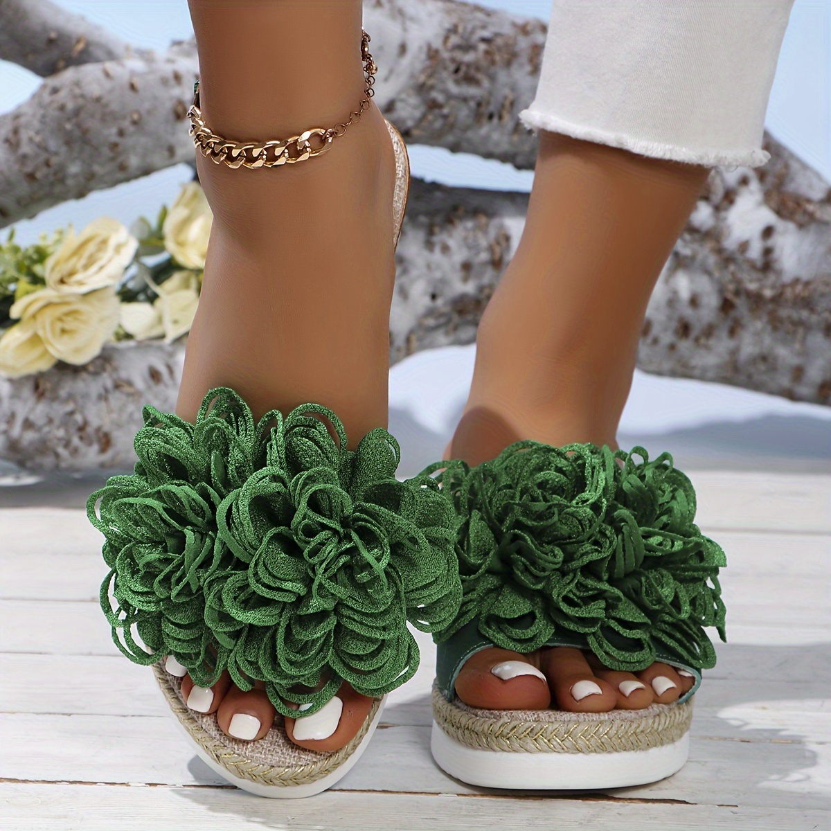 

Women's Platform Slip On Sandals, Floral Decor Walking Wedge Shoes, Comfort Wedge Vacation Slides