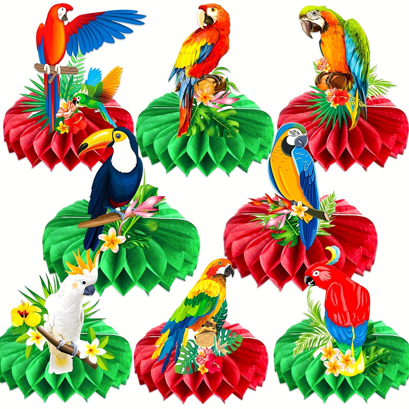 

8pcs Parrot Honeycomb Centerpieces - Tropical Bird Party Supplies For Hawaiian Luau, Rainforest Birds Baby Shower Decorations - Mixed Color Paper Table Decor With No Feathers
