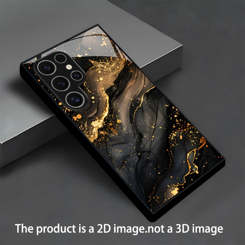 TEMU Phone Case: Black Glass Phone Case With Golden-sprinkled Marble Pattern, Suitable For Galaxy S26/s25 Plus/s25 Ultra/s24/s24 Fe/s24 Plus/s24