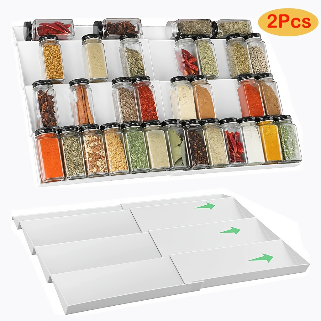 TEMU 2x Expandable 4-tier White Plastic Spice Rack Drawer Organizer Suitable Cabinet & Shelf, Adjustable Shelf Tray Insert With Expandable Shelves,