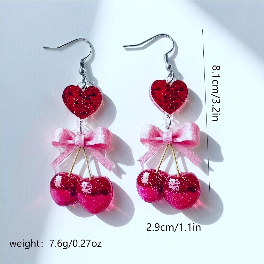 1 pair sweet heart sequins and cherry bow print resin long drop earrings for women hypoallergenic ear hooks durable all match fresh full ear jewelry suitable for parties valentines day birthday gift for friends street style additions
