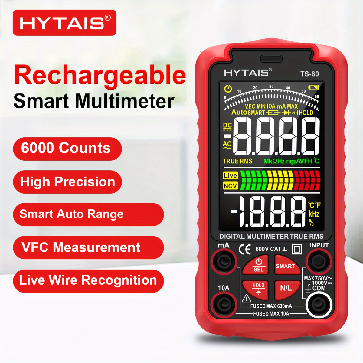 

Hytais Digital Multimeter, , 6000 , , Live Wire Measurement, Rechargeable Battery, 1000mah Polymer Lithium Battery, 36v Max, Anti-slip, For Electrical Testing