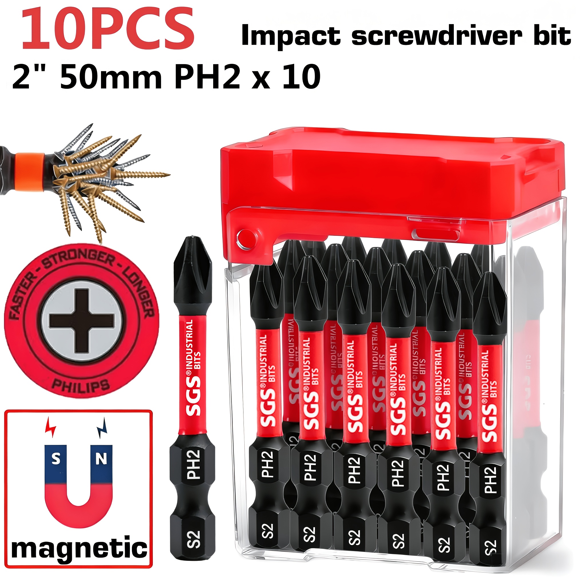 TEMU 10pcs S2 Tool Screwdriver Bits, Strong Magnetic Ph2, 50mm Standard Length, Rustproof, Wear-resistant And Impact-resistant, Portable Boxed Set,