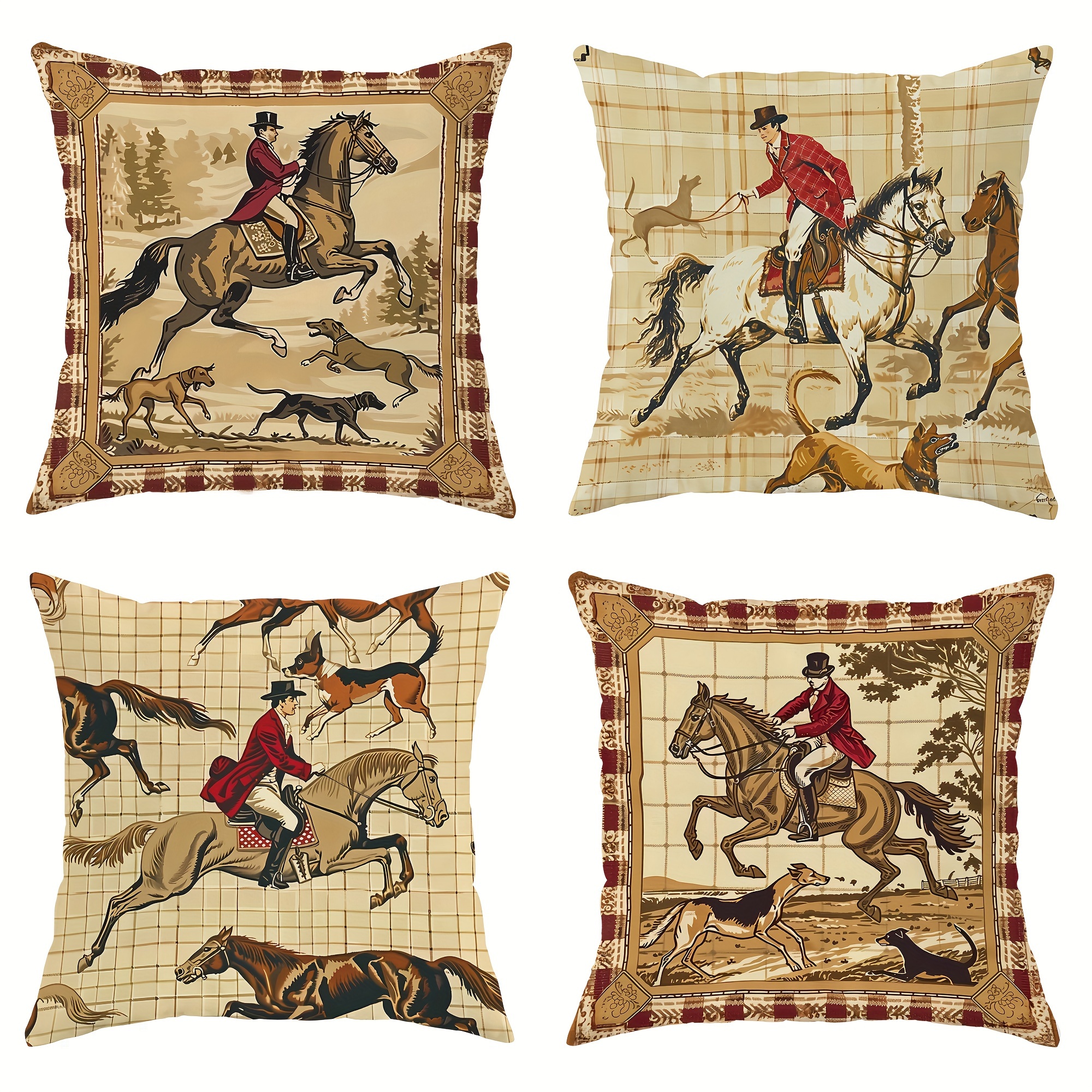 

4pcs Set Vintage Horse Racing & Throw Pillow Covers - 18x18 Inch, Polyester, Zip Closure - Living Room & Bedroom Decor