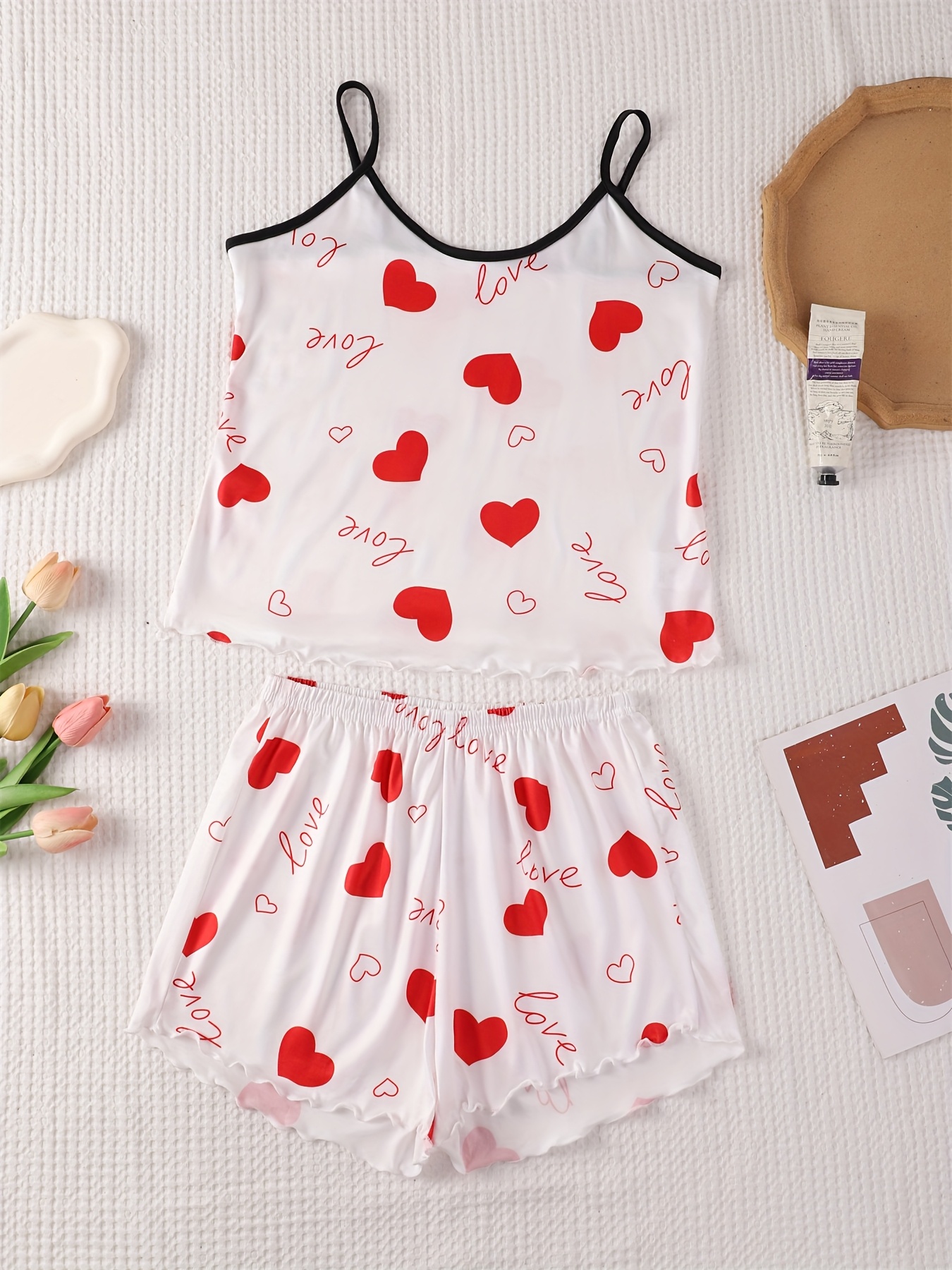 conjunto pijama piezas mujer estampado corazones amor top Temu