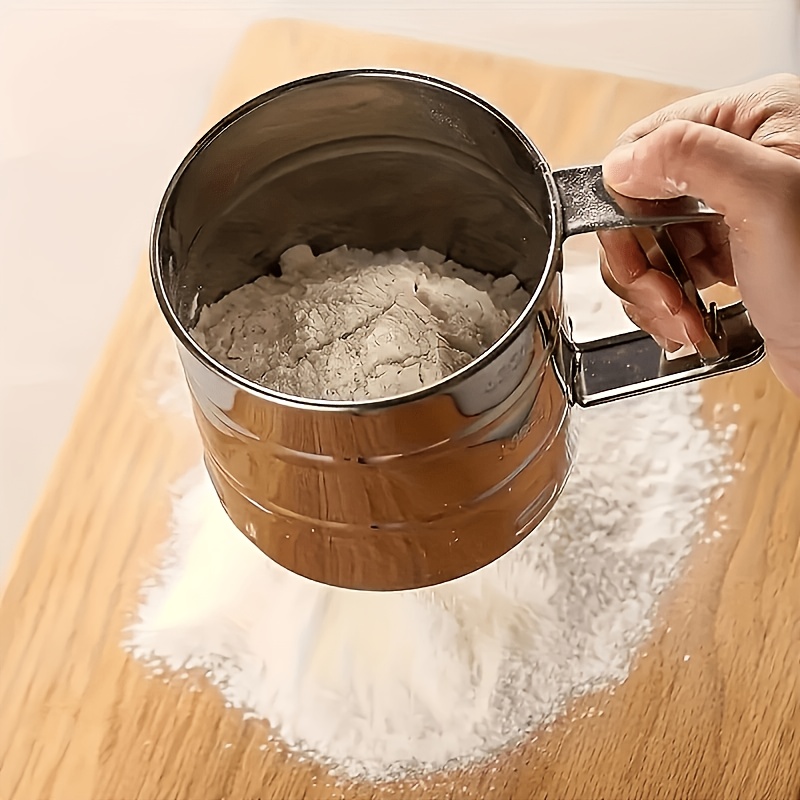 TEMU Handheld Semi-automatic Stainless Steel Flour Sifter: A -one Baking Sifter And Measuring Scale, Featuring A Stainless Steel Double-layer Fine
