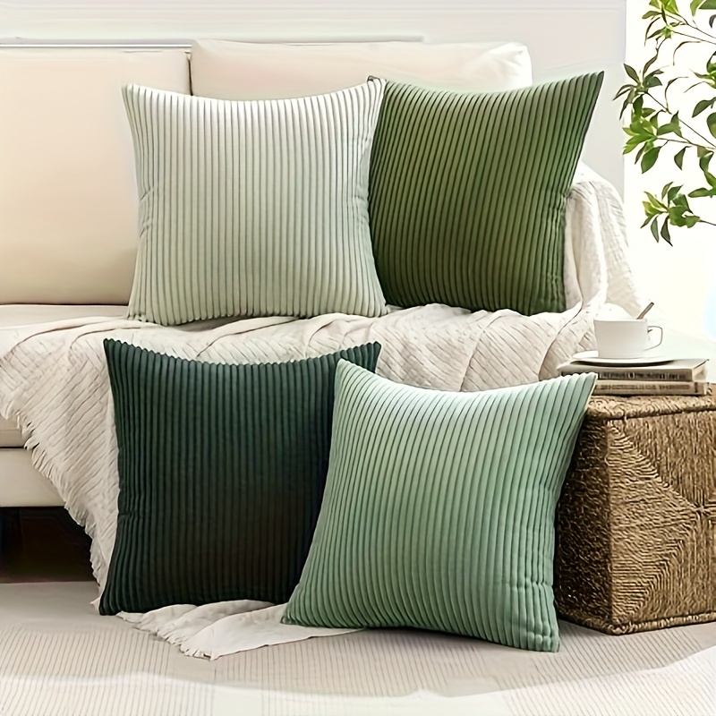 Image of 4pcs Bohemian Farmhouse Modern Nordic Style Pillowcases 18x18 Inches - Soft Corduroy Geometric Pattern, Zipper Closure, Machine Washable, Gray-green & Forest Green For Sofa, Living Room, Home Decor