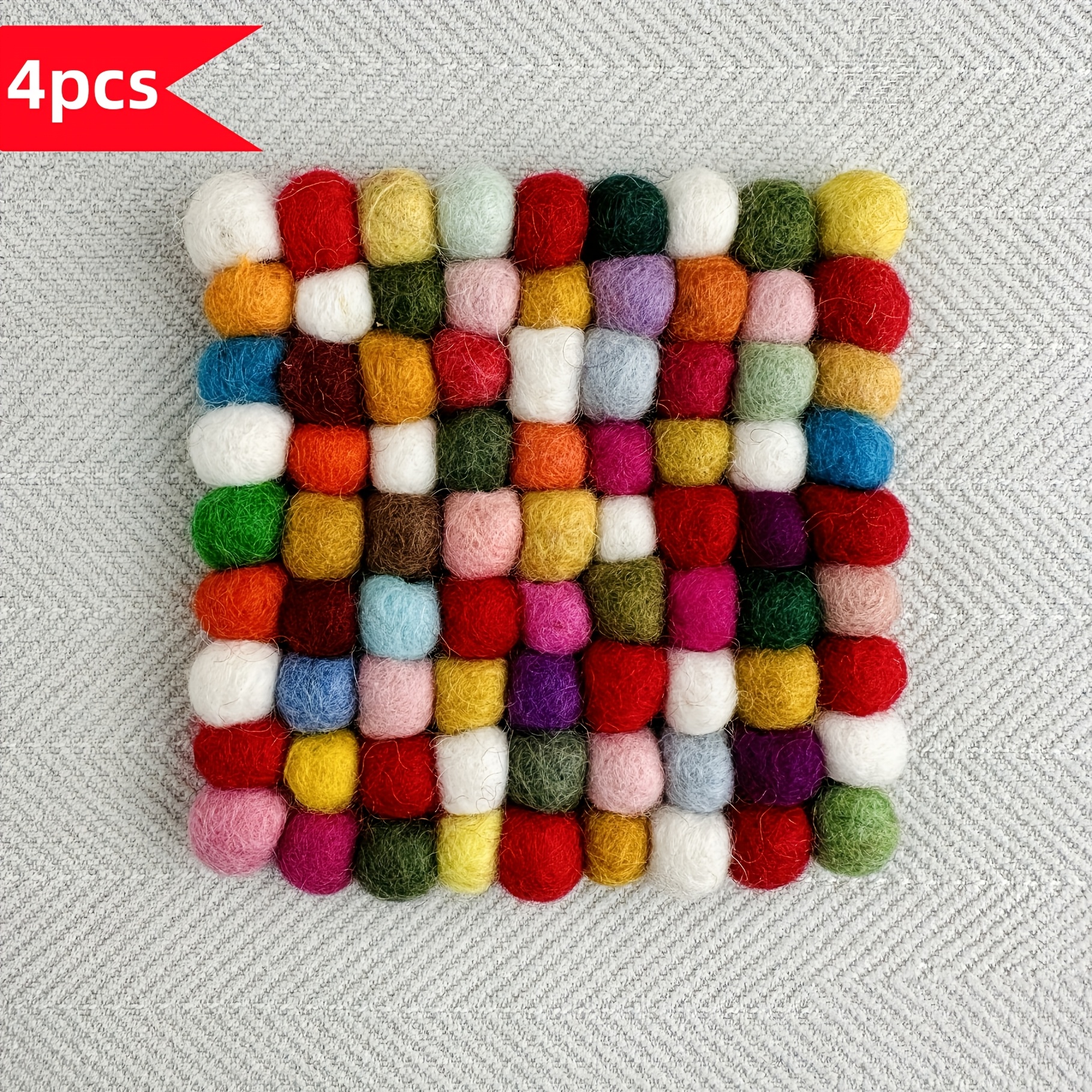 Image of [handmade Felt Coasters, Warm Forest Design] 4-pack Handmade Felt Coasters - Colorful Warm Forest Design Insulated Fabric Placemats - Small Hand- Lotto Ball Coasters With Tied Felt Accents